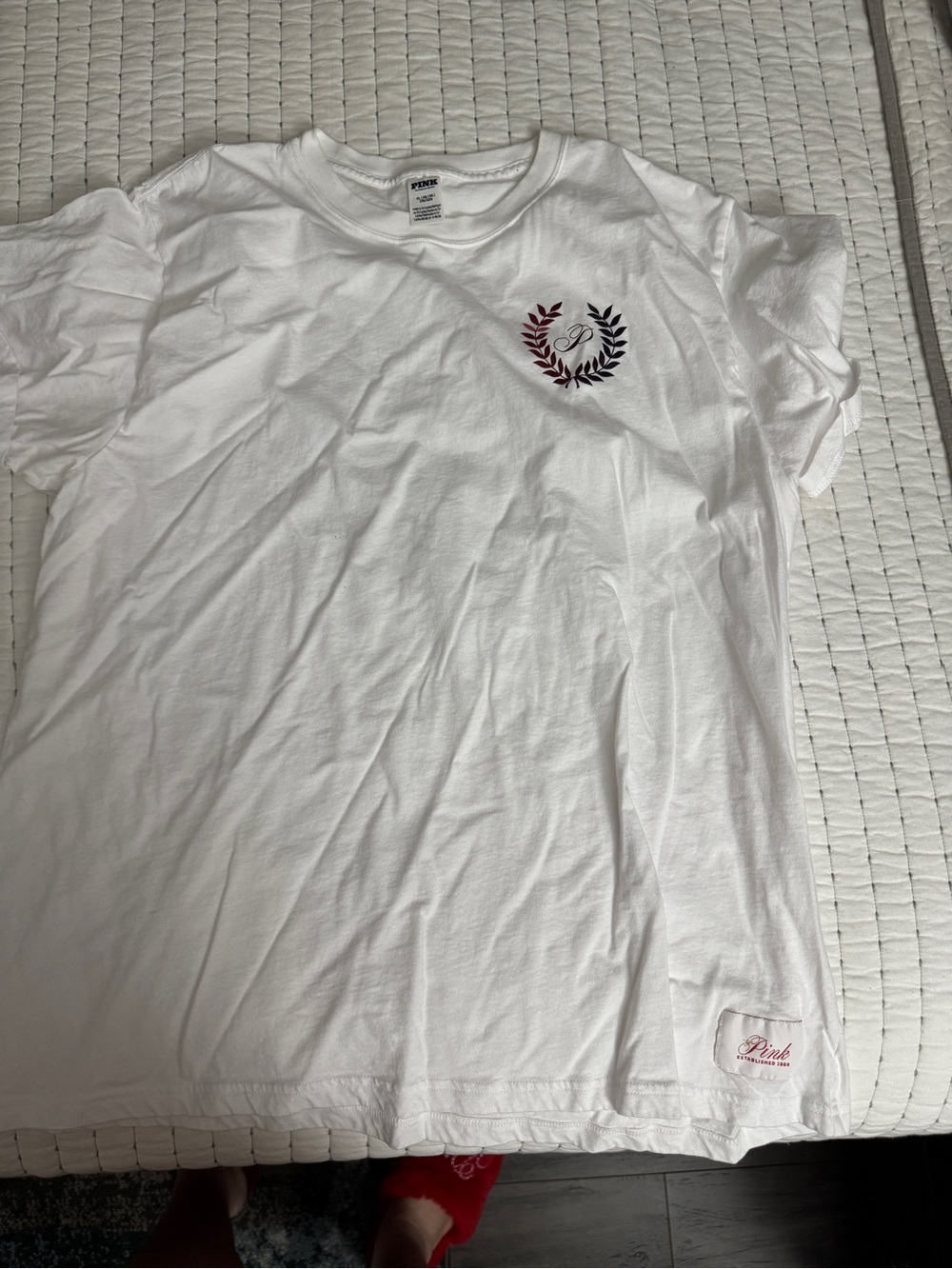 PINK Victoria's Secret White Crewneck Tee with Laurel Emblem